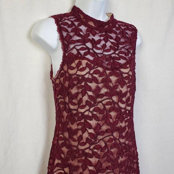 Emerald Sundae Burgundy Lace Sleeveless Bodycon Mini Dress Size L Lined High Nec - Picture 2 of 8